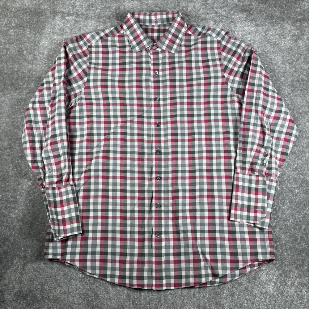 J. Hilburn Shirt Men's 17/48 Gray Red Plaid French‎ Cuff Long Sleeve Button Up